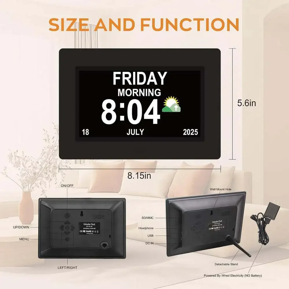 Digital Elderly Clock with Large Display 7 Inch Black Day Date Time Alarm For